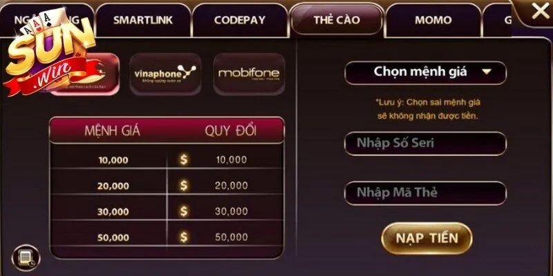 Điền thông tin giao dịch chính xác vào biểu mẫu nạp tiền Sunwin 